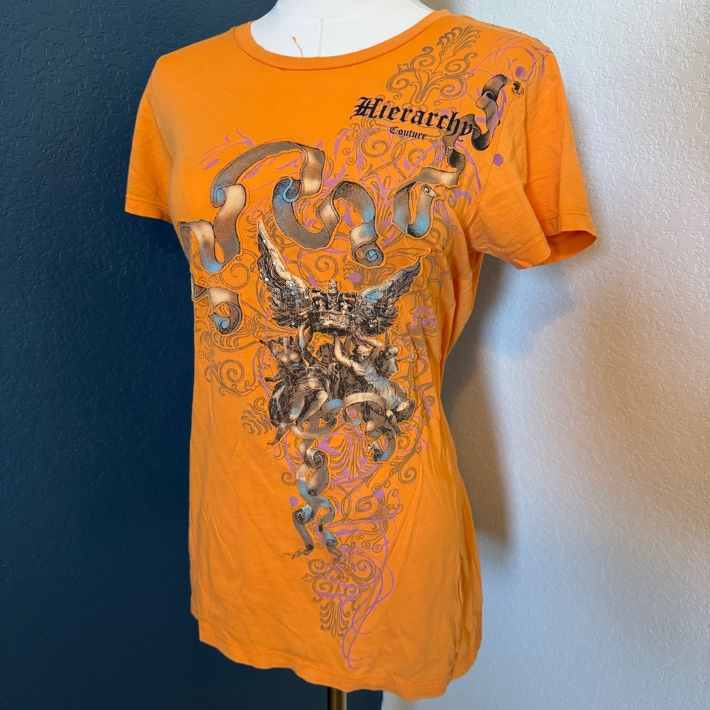 Y2K Cyber Grunge Hierarchy Couture Rhinestone Graphic Tee Large Orange